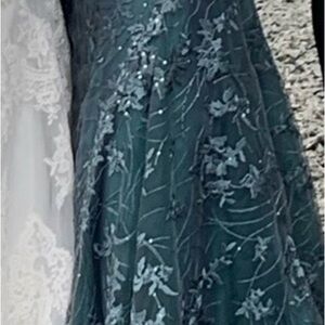 Montage by Mon Cheri Green and White Floral Long Sleeve Dress